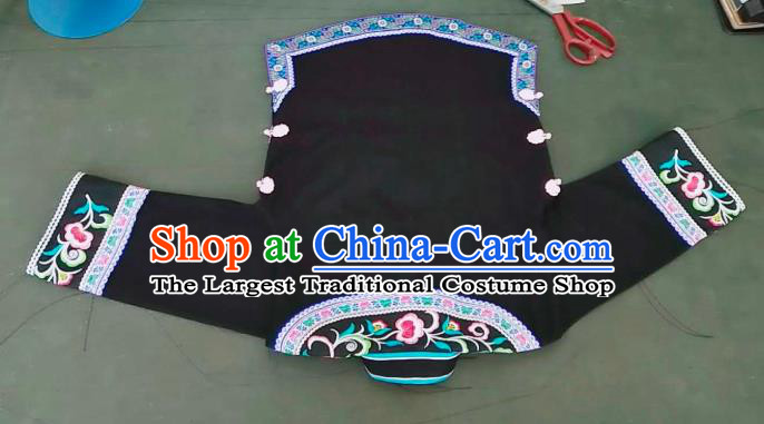 Chinese Bouyei Nationality Embroidered Black Blouse Guizhou Ethnic Dance Top Garment Clothing