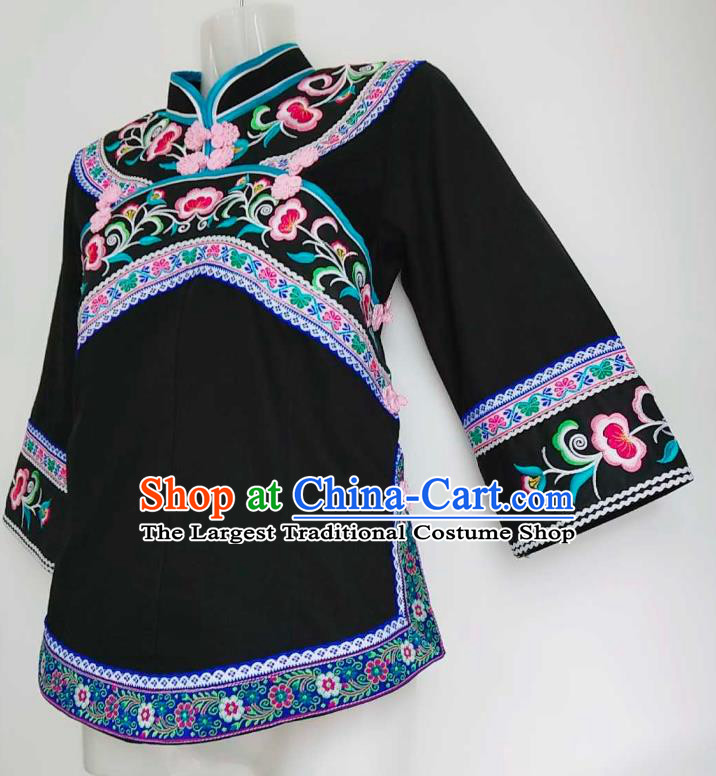 Chinese Bouyei Nationality Embroidered Black Blouse Guizhou Ethnic Dance Top Garment Clothing