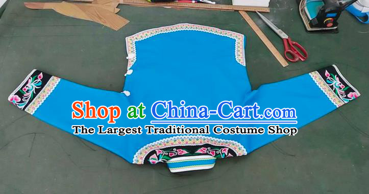 Chinese Ethnic Stage Performance Top Wear Bouyei Nationality Embroidered Blue Blouse Guizhou Minority Garment Clothing