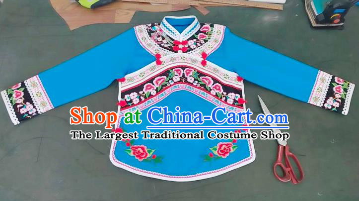 Chinese Guizhou Minority Garment Clothing Ethnic Dance Performance Top Wear Bouyei Nationality Embroidered Blue Blouse