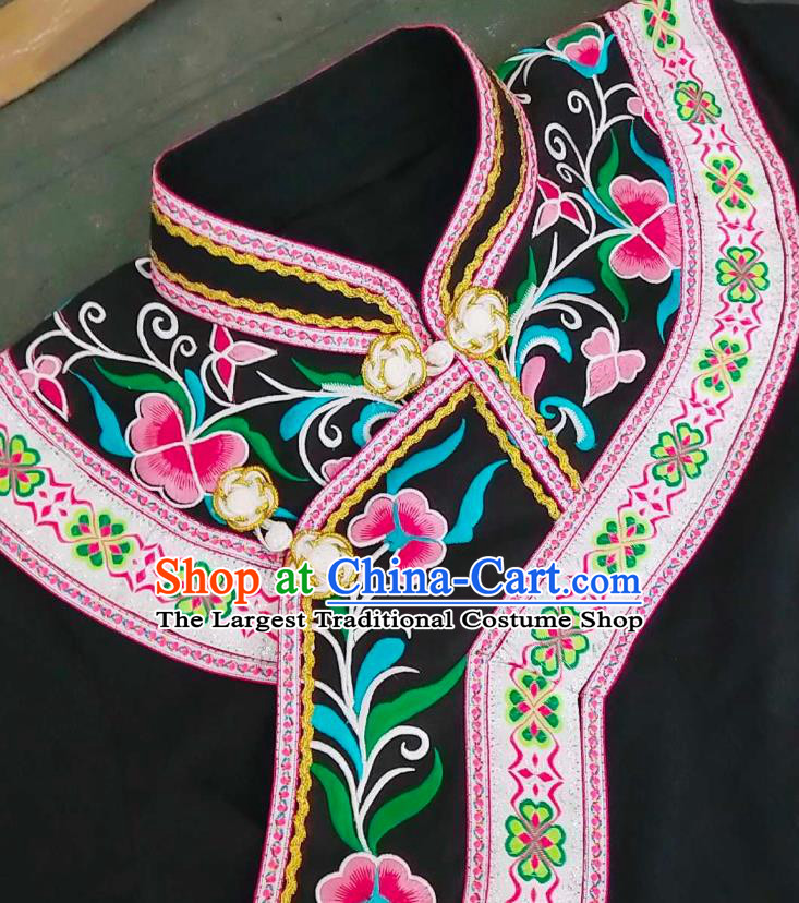 Chinese Baise Minority Ethnic Dance Wear Zhuang Nationality Embroidered Black Blouse Folk Dance Top Garment