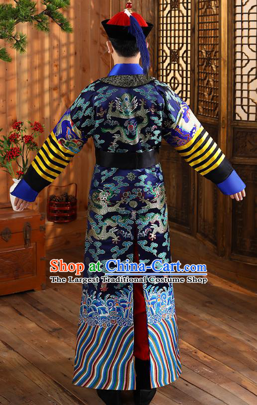 China Ancient Qing Dynasty Court Eunuch Navy Official Robe Garment Traditional Historical Clothing and Hat