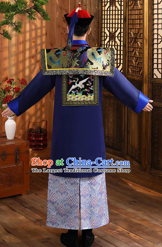 China Qing Dynasty Navy Official Robe Garment Ancient Royal King Historical Clothing and Headwear Full Set