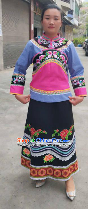 Chinese Bouyei Nationality Blue Blouse and Black Skirt Traditional Guizhou Ethnic Folk Dance Suits Clothing