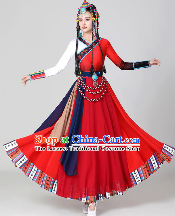Chinese Tibetan Ethnic Dance Red Dress Traditional Zang Nationality Stage Performance Garments Costume