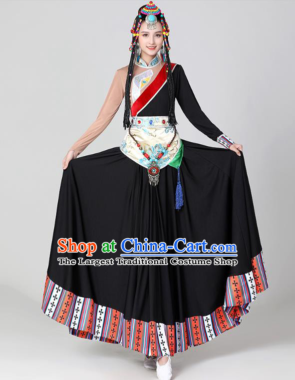 Chinese Traditional Zang Nationality Stage Performance Garments Costume Tibetan Ethnic Dance Black Dress
