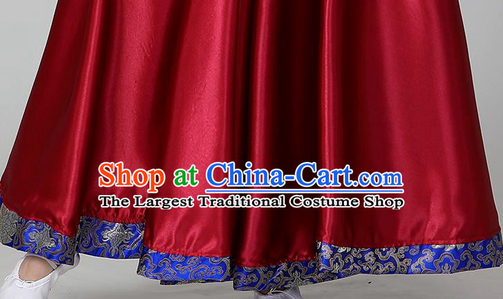 Chinese Tibetan Dance Wine Red Dress Traditional Zang Nationality Suits Ethnic Stage Performance Garments Costume