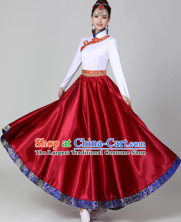 Chinese Tibetan Dance Wine Red Dress Traditional Zang Nationality Suits Ethnic Stage Performance Garments Costume