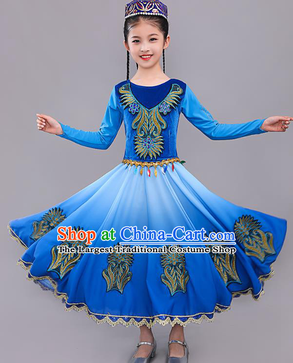 China Uygur Nationality Girls Folk Dance Blue Dress Outfits Traditional Xinjiang Dance Performance Clothing