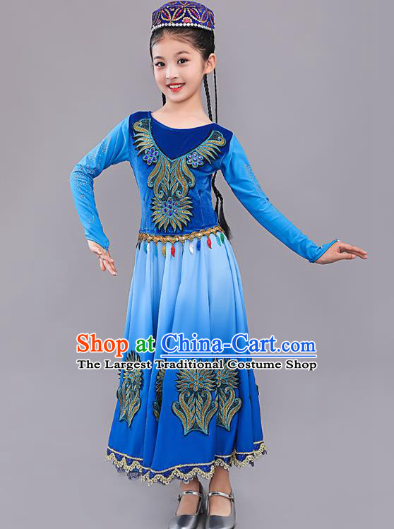 China Uygur Nationality Girls Folk Dance Blue Dress Outfits Traditional Xinjiang Dance Performance Clothing