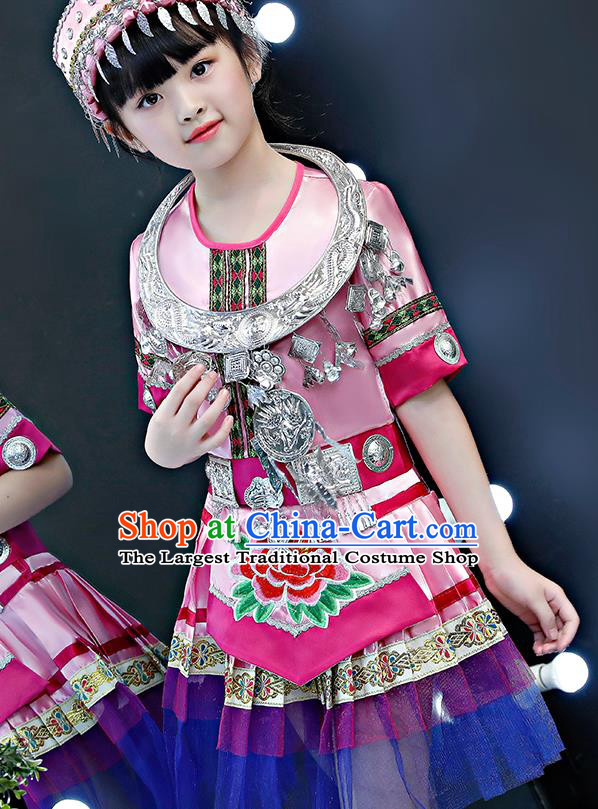 China Miao Nationality Folk Dance Pink Dress Traditional Yao Ethnic Girls Performance Outfits Clothing
