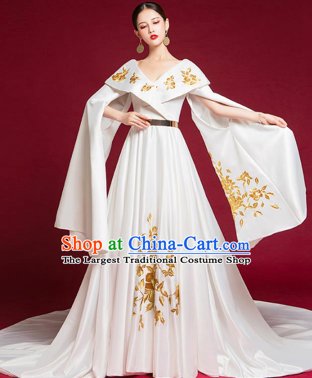 China Compere White Trailing Dress Garment Stage Show Full Dress Catwalks Embroidered Fashion Clothing