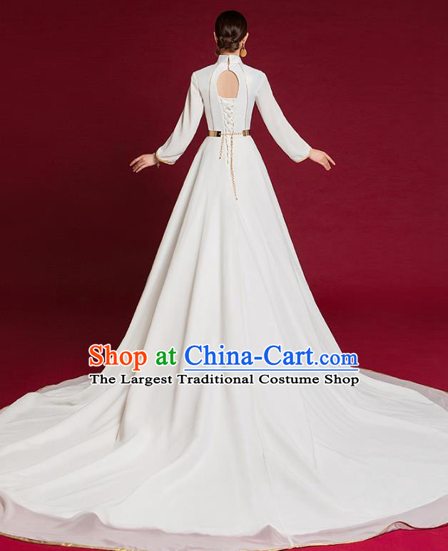 China Catwalks White Fashion Clothing Compere Dress Garment Stage Show Trailing Full Dress