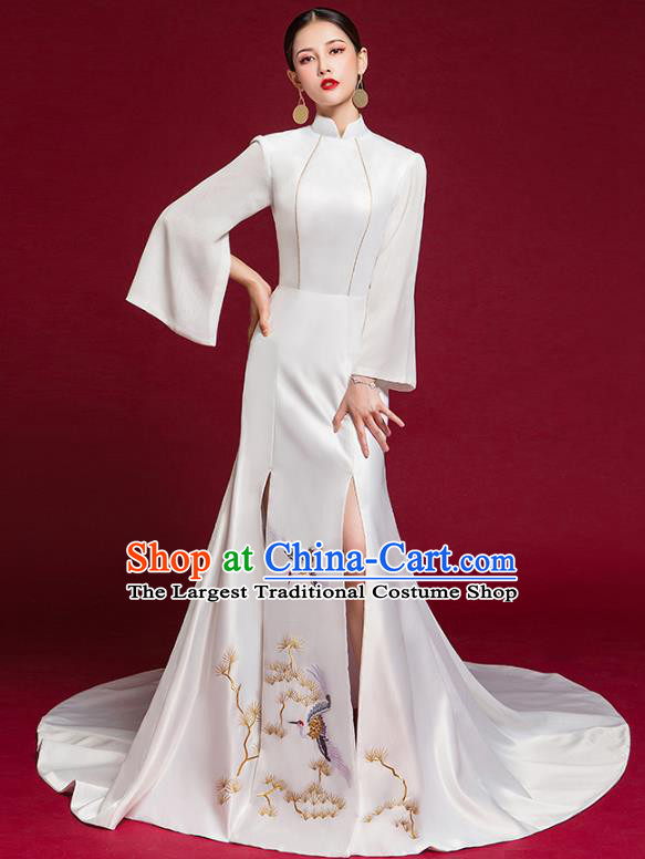China Compere Qipao Dress Garment Stage Show Trailing Full Dress Catwalks Fashion White Cheongsam Clothing