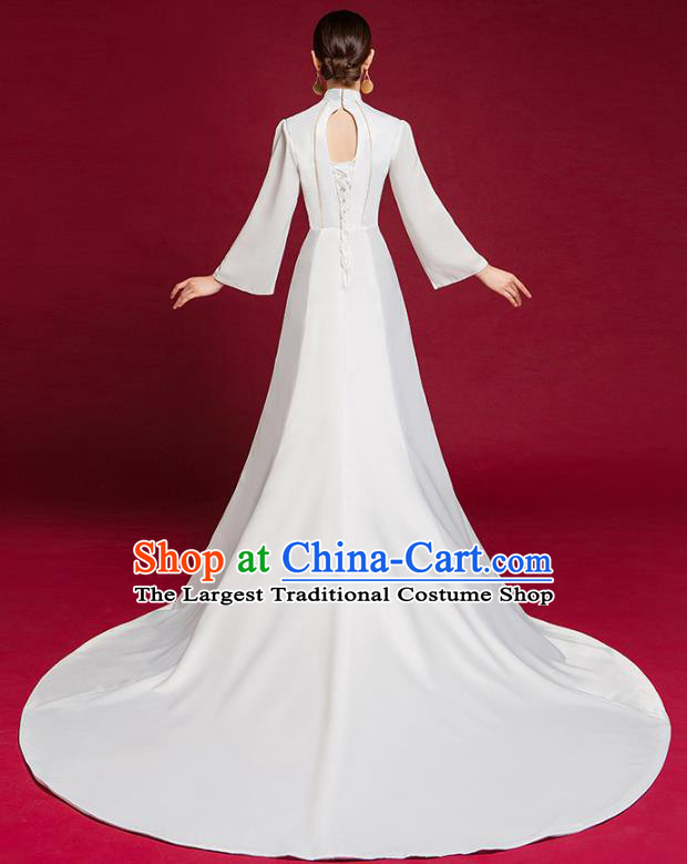 China Compere Qipao Dress Garment Stage Show Trailing Full Dress Catwalks Fashion White Cheongsam Clothing