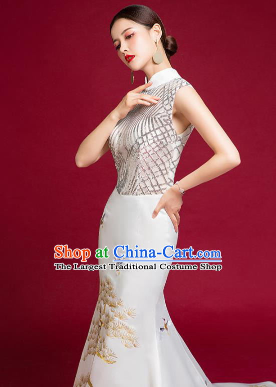 China Embroidered Sequins Cheongsam Clothing Compere Qipao Dress Garment Stage Show Trailing Full Dress Catwalks Fashion
