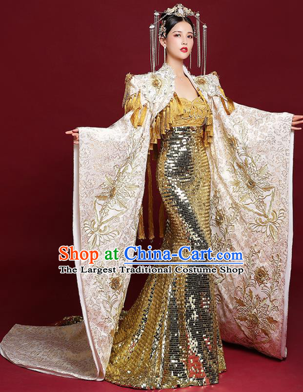 China Stage Show Trailing Cape Full Dress Catwalks Fashion Embroidered Clothing Compere Golden Fishtail Dress Garment