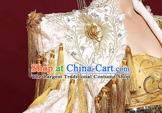 China Stage Show Trailing Cape Full Dress Catwalks Fashion Embroidered Clothing Compere Golden Fishtail Dress Garment