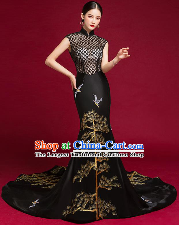China Compere Cheongsam Dress Garment Stage Show Black Trailing Full Dress Catwalks Fashion Embroidered Clothing