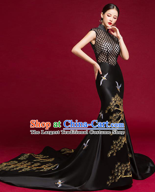 China Compere Cheongsam Dress Garment Stage Show Black Trailing Full Dress Catwalks Fashion Embroidered Clothing