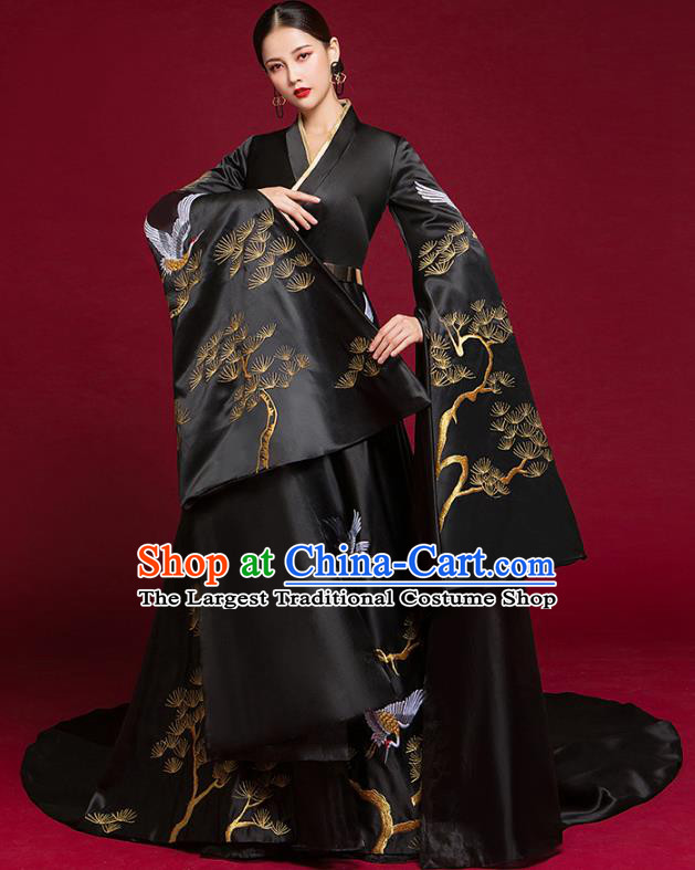 China Catwalks Fashion Clothing Compere Water Sleeve Dress Garment Stage Show Black Trailing Full Dress