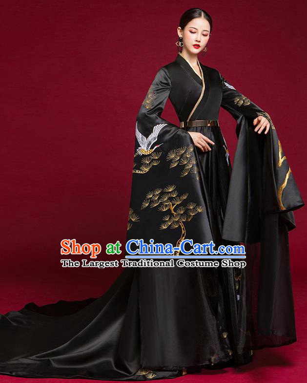 China Catwalks Fashion Clothing Compere Water Sleeve Dress Garment Stage Show Black Trailing Full Dress