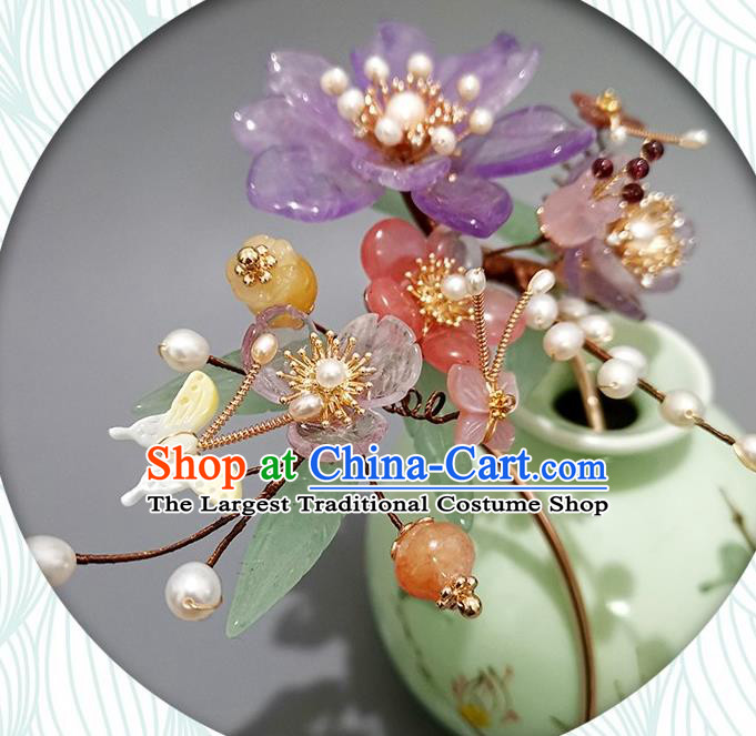 Chinese Ancient Palace Princess Amethyst Peach Blossom Hairpin Traditional Song Dynasty Court Tassel Hair Stick