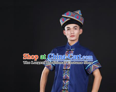 Chinese Traditional Guangxi Ethnic Male Blue Suits Clothing Zhuang Nationality Folk Dance Blue Shirt and Pants