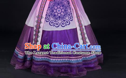 Chinese Guangxi Minority Performance Purple Dress Ethnic Folk Dance Clothing Traditional Zhuang Nationality Garments and Headwear