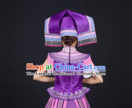 Chinese Guangxi Minority Performance Purple Dress Ethnic Folk Dance Clothing Traditional Zhuang Nationality Garments and Headwear