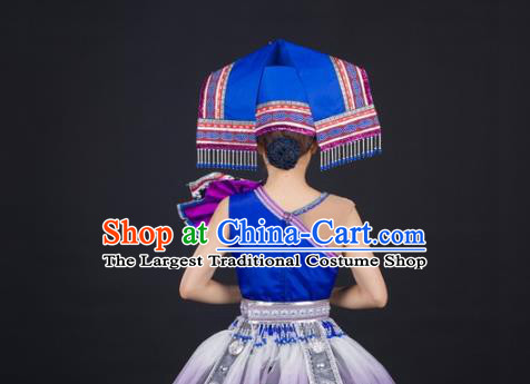Chinese Ethnic Folk Dance Clothing Traditional Zhuang Nationality Wedding Garments Guangxi Minority Performance Blue Dress and Hat