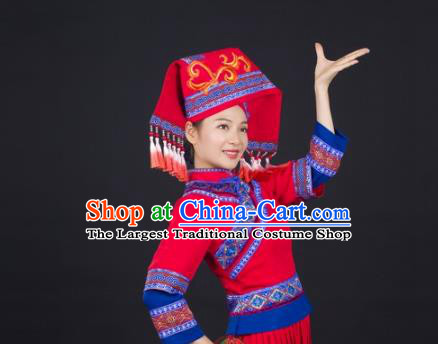 Chinese Traditional Zhuang Nationality Red Suits Guangxi Minority Performance Dress Ethnic Folk Dance Garment Clothing and Hat