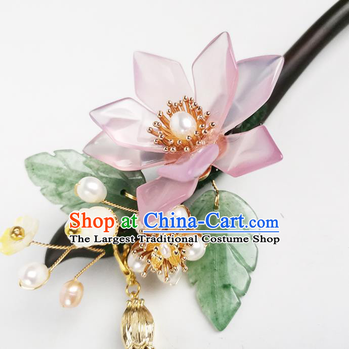 Chinese Ancient Princess Beads Tassel Ebony Hairpin Traditional Song Dynasty Pink Lotus Hair Stick