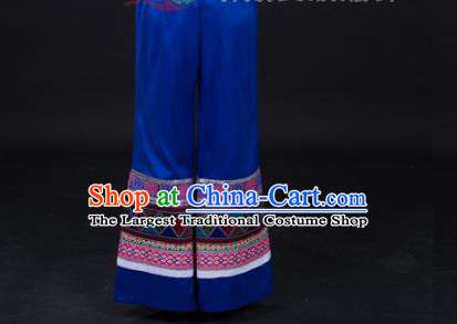 Chinese Traditional Zhuang Nationality Blue Suits Guangxi Minority Blouse and Pants Ethnic Folk Dance Garment Clothing with Headwear