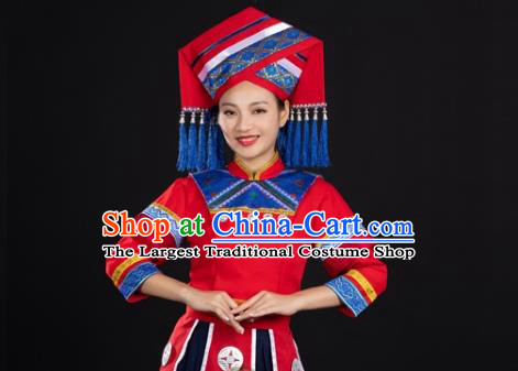 Chinese Ethnic Garment Clothing Traditional Zhuang Nationality Folk Dance Suits Guangxi Minority Wedding Dress and Headdress
