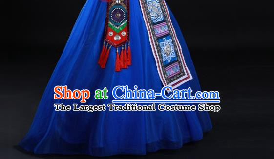 Chinese Guangxi Minority Blue Dress Ethnic Festival Garment Clothing Traditional Zhuang Nationality Folk Dance Suits and Headwear