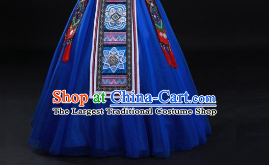 Chinese Guangxi Minority Blue Dress Ethnic Festival Garment Clothing Traditional Zhuang Nationality Folk Dance Suits and Headwear
