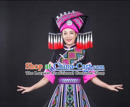 Chinese Traditional Zhuang Nationality Folk Dance Black Suits Guangxi Minority Dress Ethnic Festival Garment Clothing and Tassel Hat