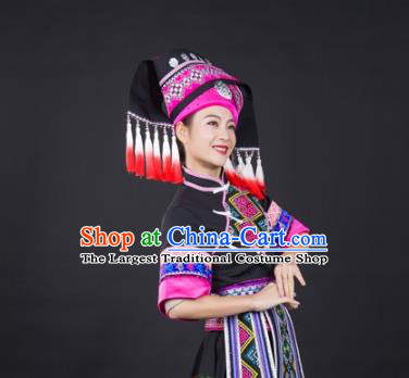 Chinese Traditional Zhuang Nationality Folk Dance Black Suits Guangxi Minority Dress Ethnic Festival Garment Clothing and Tassel Hat