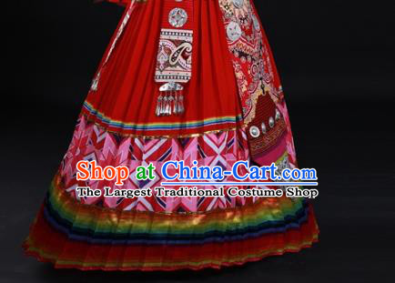Chinese Ethnic Festival Garment Clothing Traditional Zhuang Nationality Red Suits Guangxi Minority Wedding Dress and Headwear