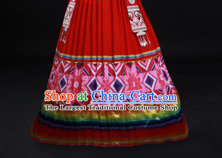 Chinese Ethnic Festival Garment Clothing Traditional Zhuang Nationality Red Suits Guangxi Minority Wedding Dress and Headwear