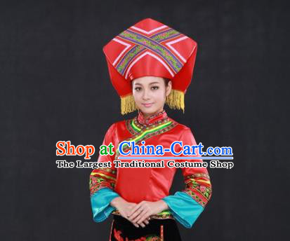 Chinese Traditional Zhuang Nationality Performance Suits Guangxi Minority Dance Dress Ethnic Garment Clothing and Hat