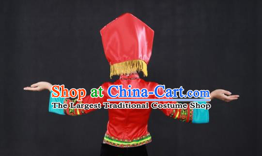 Chinese Traditional Zhuang Nationality Performance Suits Guangxi Minority Dance Dress Ethnic Garment Clothing and Hat