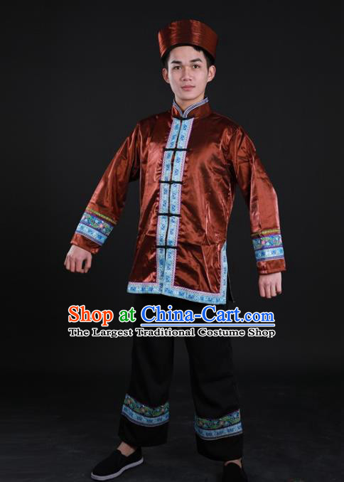 Chinese Traditional Miao Ethnic Male Brown Suits Clothing Hmong Nationality Folk Dance Shirt and Pants