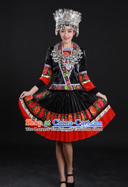 Chinese Ethnic Dance Garment Clothing Traditional Miao Nationality Black Suits Xiangxi Minority Performance Short Dress and Silver Hat