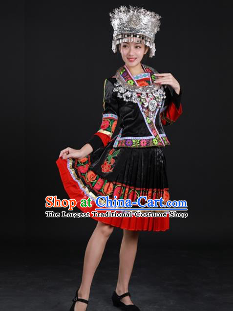Chinese Ethnic Dance Garment Clothing Traditional Miao Nationality Black Suits Xiangxi Minority Performance Short Dress and Silver Hat