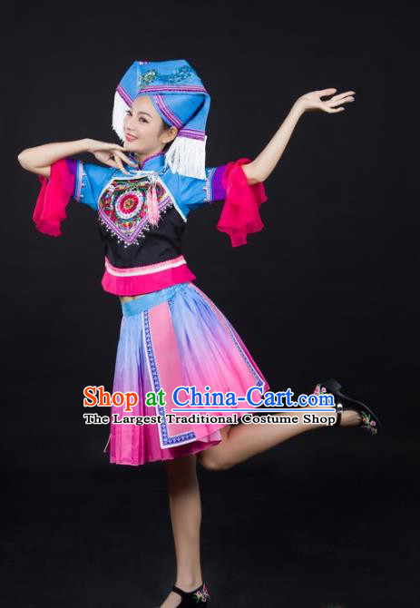 Chinese Ethnic Dance Performance Clothing Traditional Zhuang Nationality Female Garments Guangxi Minority Short Dress and Headwear
