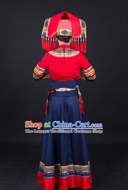Chinese Guangxi Minority Bride Dress Traditional Ethnic Dance Performance Clothing Zhuang Nationality Garments and Headwear