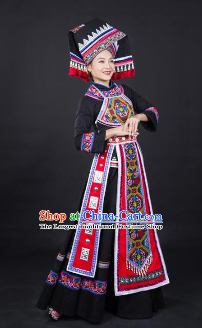 Chinese Zhuang Nationality Dance Garments Guangxi Minority Stage Performance Black Dress Traditional Ethnic Clothing and Headwear