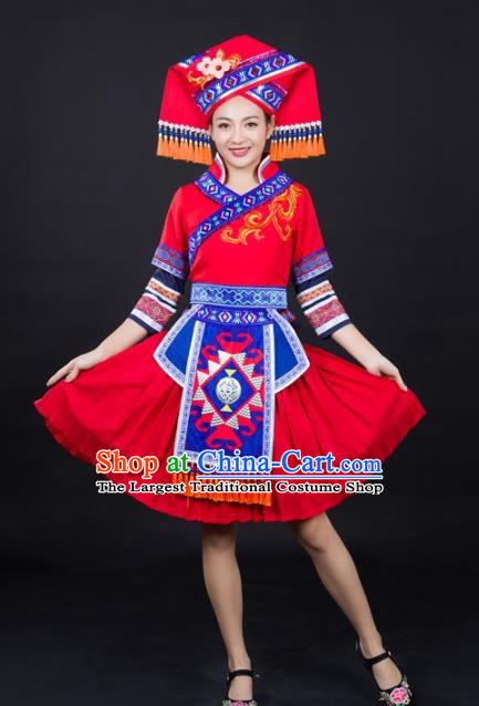 Chinese Guangxi Minority Folk Dance Red Short Dress Traditional Ethnic Clothing Zhuang Nationality Female Garments and Hat